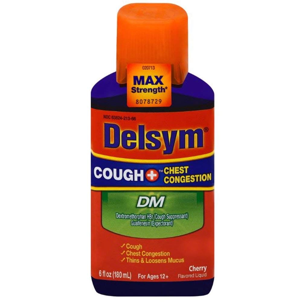 Max Strength Delsym Cough Plus Chest Congestion DM Liquid, Cherry Flavor, 6 fl. oz. Relieves Cough, Chest Congestion, and Thins & Loosens Mucus (Pack of 2)
