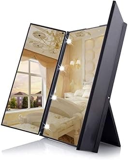 Unique Tri-Fold Cosmetic Makeup Mirror Travel Compact Pocket Make Up Mirror with 8 LED Lights Battery Included - Black