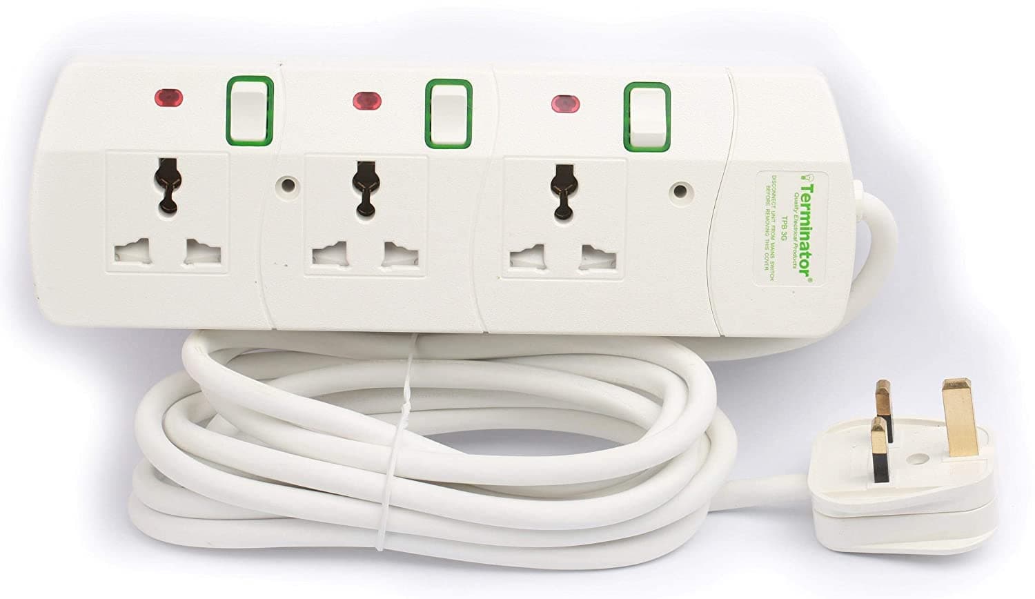 Terminator 3-Way Universal Power Extension Socket, 3M Cable, 13A Fused plug, Fire-Resistant, Individual Switches with Neon Indicator, Safety Shutters, ESMA Approved TPB 3G