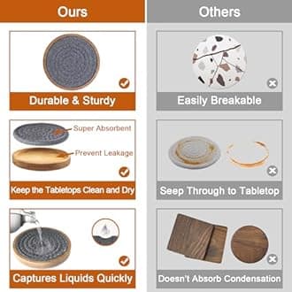 Coasters for Drinks Absorbent Sets of 8, Woven Coasters with Holder, Wood Coasters for Coffee Table, Housewarming Gift for Farmhouse Home Decor, 4 inches Gray