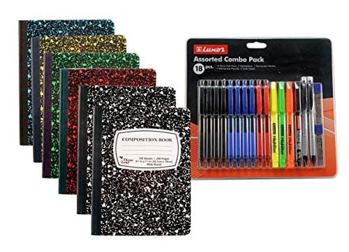 6-Pack Composition Notebook, 9-3/4" x 7-1/2", Wide Ruled, 100 Sheet (200 Page) - 18 Piece School Combo Pack, Pens - Highlighters - Mechanical Pencils - Refills (6 Composition Notebooks, 18 Combo Pack)