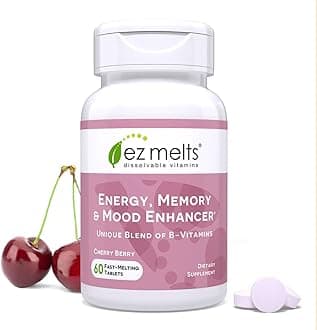 EZ Melts Energy, Memory & Mood Enhancer - B Vitamins Supplement with Vitamin B12, B6, Folate & Biotin - Non-GMO & Vegan - Cherry Berry - 60 Dissolvable Tablets (60 Servings)
