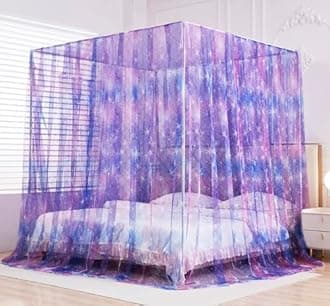 Mengersi Tie Dye Canopy Bed Curtains with Lights,Gradient Ombre Bed Canopy for Girls,Princess Bed Drapes for Girls Room Decor(California,Purple)