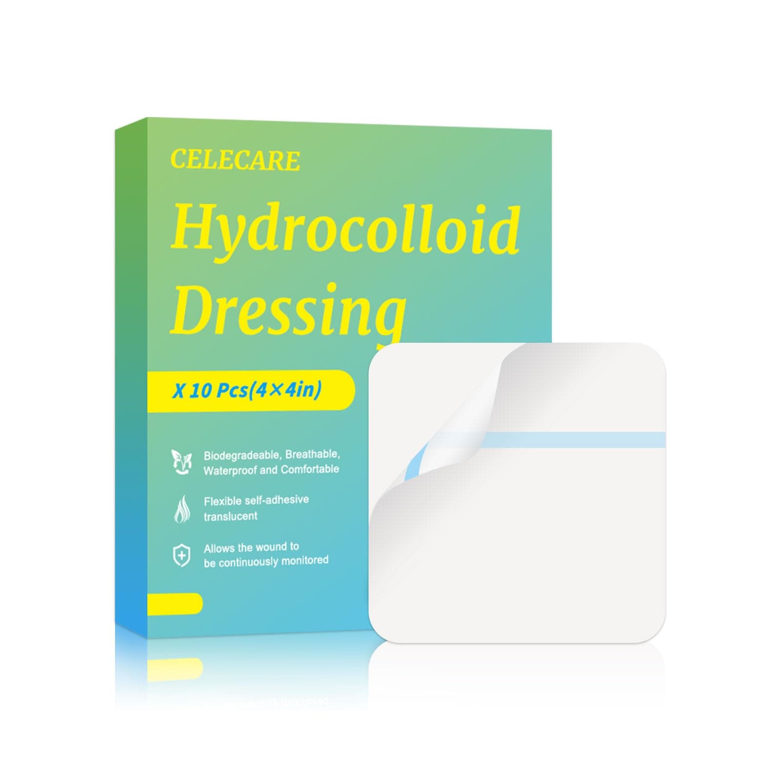 Hydrocolloid Bandage 10 Pack, 4''x4'' Thin Sterile Hydrocolloid Wound Dressing for Light to Medium Exudate Wound, Pressure Ulcer, Bed Sore, Surgical Wound,Superficial Wound, 0.35mm