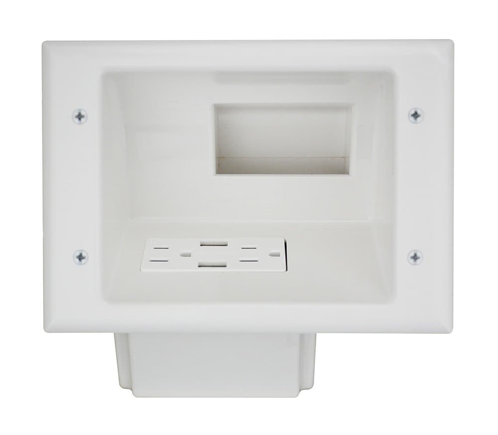 DataComm Electronics 45-0271-WH Recessed Low Voltage Media Plate with 15 Amp Duplex Receptacle, 4.0 Dual USB Ports, Electrical Box, Cable Concealment for Wall-Mounted TV - White