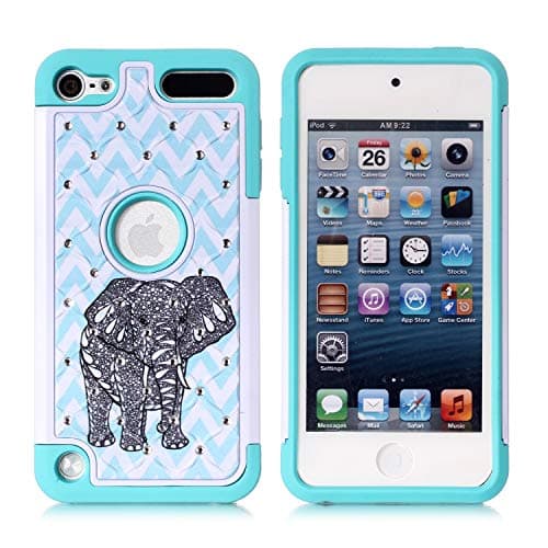 Apple iPod Touch 6th Case, iPod 7th Generation Case, Elephant Pattern Heavy Duty Shockproof Studded Rhinestone Crystal Bling Hybrid Case Silicone Armor for Apple iPod Touch 5 6th, iPod Touch 7