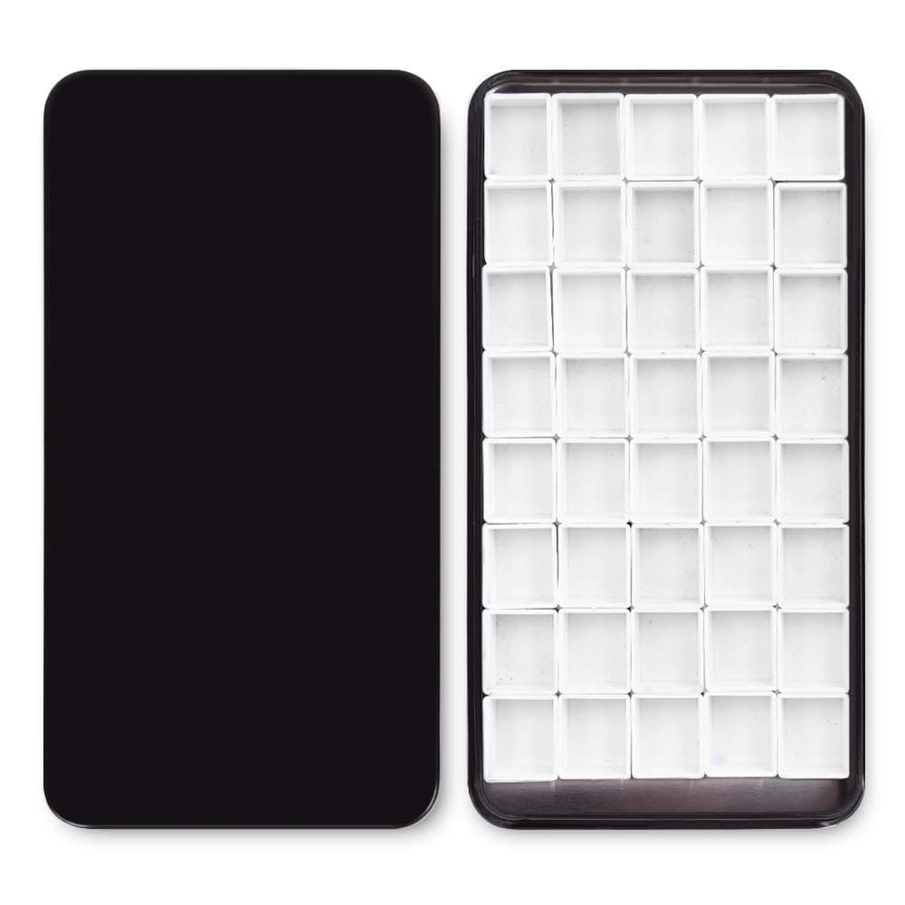 Watercolor Tin Palette Paint Case with 40Pcs White Plastic Empty Half Pans Carrying Magnetic Stripe, Artist Paints Pan Kits for DIY Watercolor Oils or Acrylics Painting Black