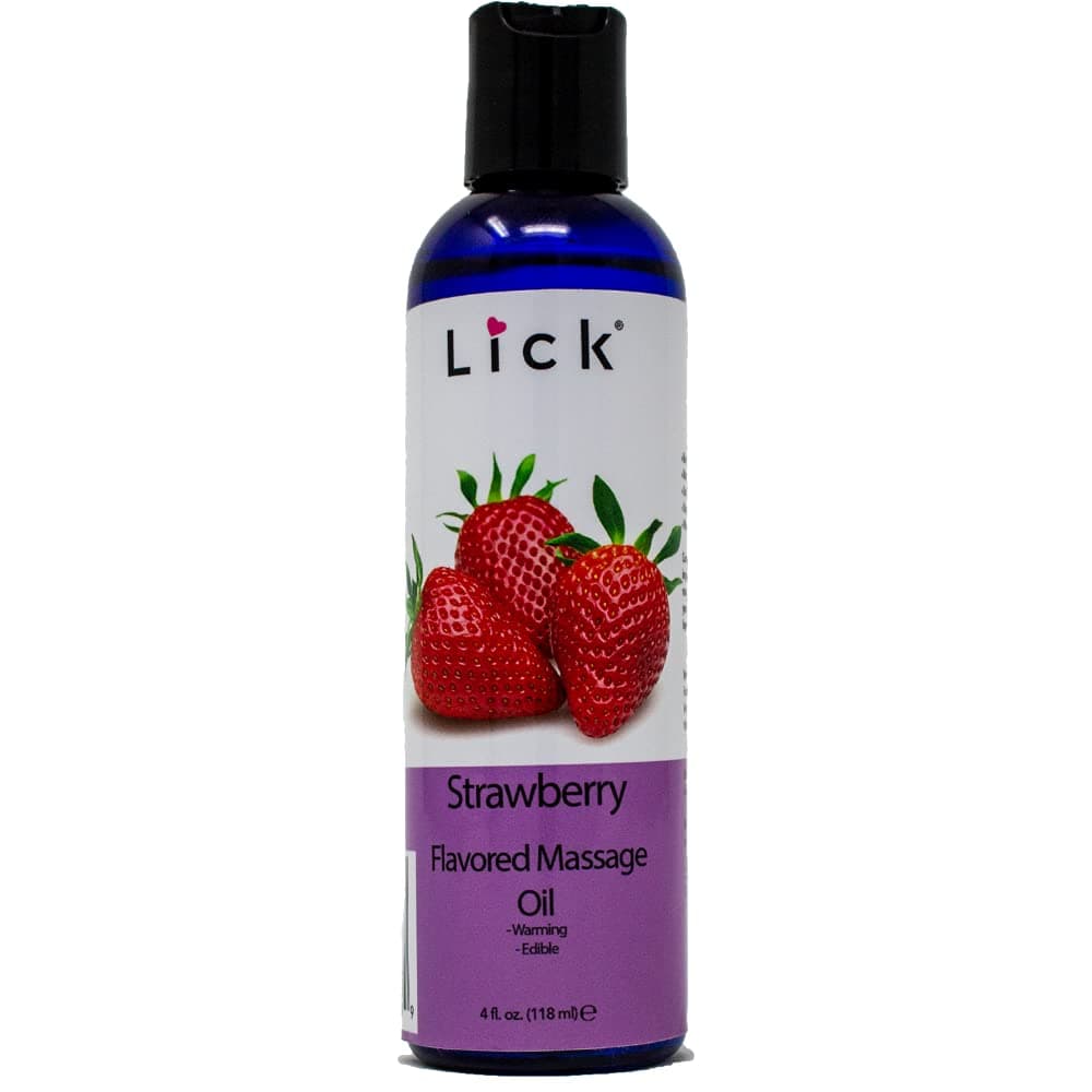Lick Strawberry Flavored Massage Oil with Natural Vitamin E - Aromatherapy & Moisturizing Body Oil for Relaxing Muscle Massage - Essential Non-Sticky Skin Therapy for Men and Women - 4 oz