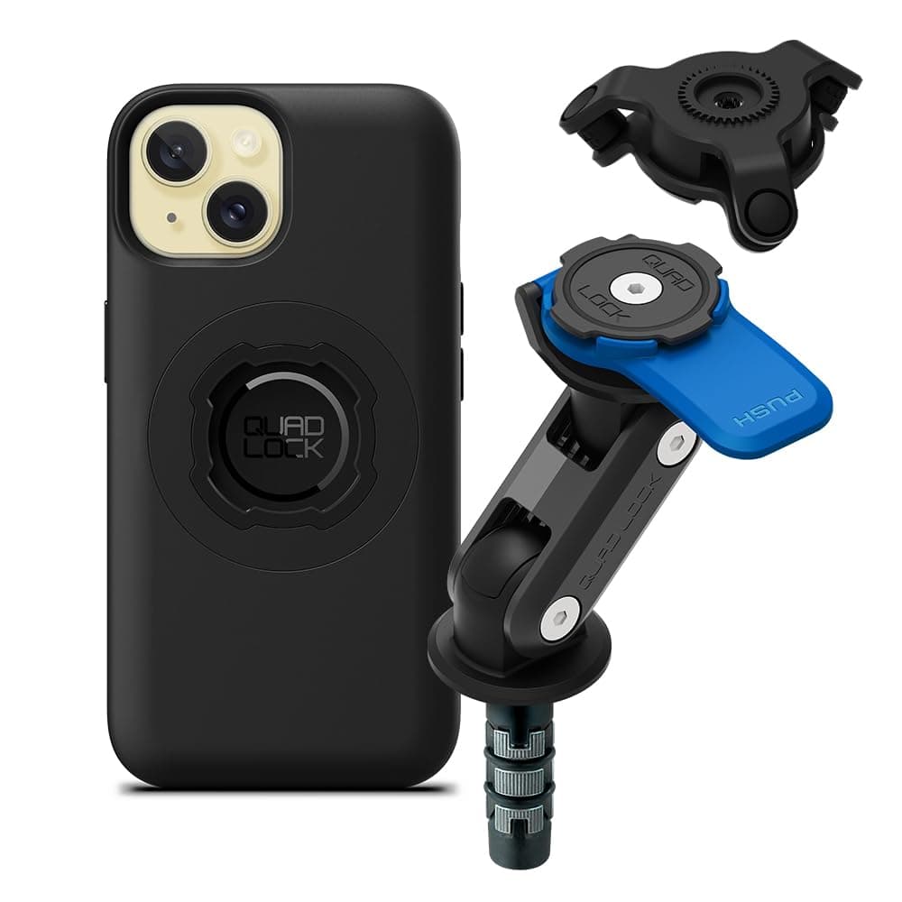 Quad Lock Motorcycle Fork Stem Phone Mount Kit with Vibration Dampener and iPhone 15 MAG Case