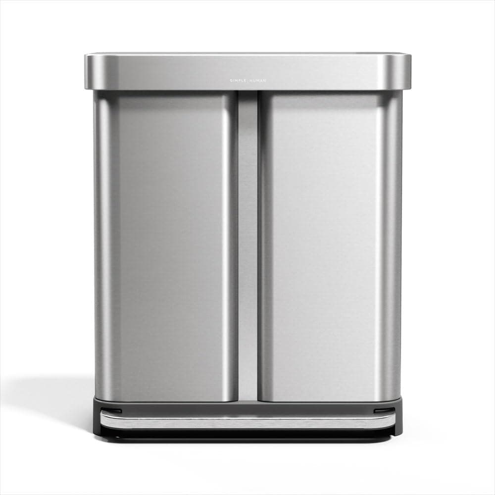 58 Liter / 15.3 Gallon Rectangular Hands-Free Dual Compartment Recycling Kitchen Step Trash Can with Soft-Close Lid, Brushed Stainless Steel