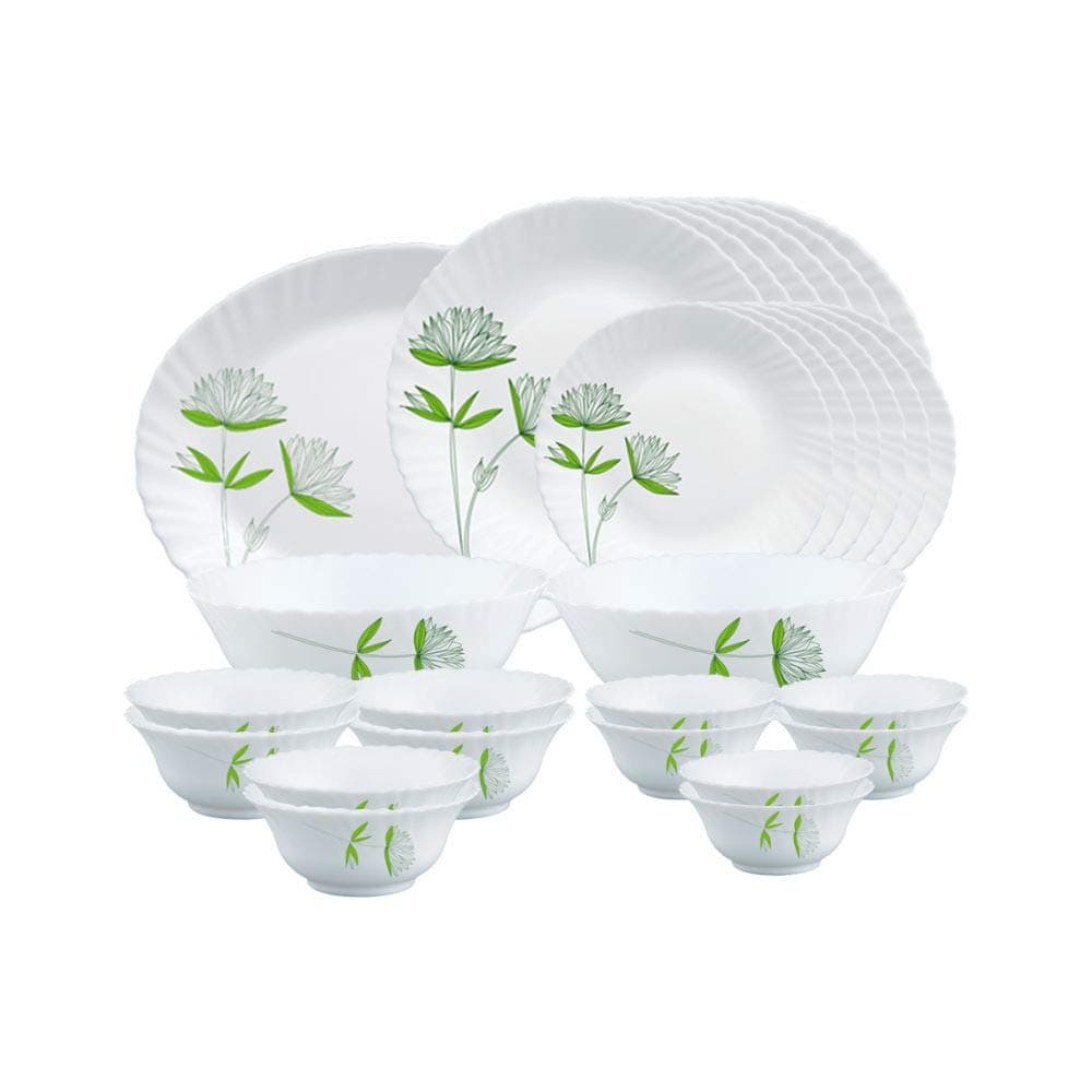 Larah By Borosil Green Lily Opalware Dinner Set, 27 Pcs, White