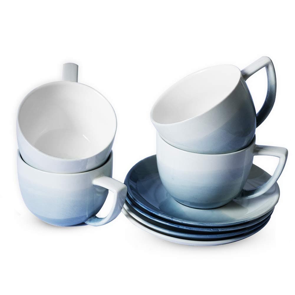Sunddo Tea Cup Set with 4 Tea Cups and Saucers Sets 8 OZ White Porcelain Tea Cups for Women Men