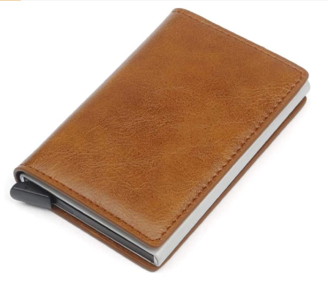 VOGARD Men's Genuine Leather Wallet | RFID Blocking Aluminum Automatic Pop Up Credit Card Holder Case | Holds up to 9 Cards (24 Tan)