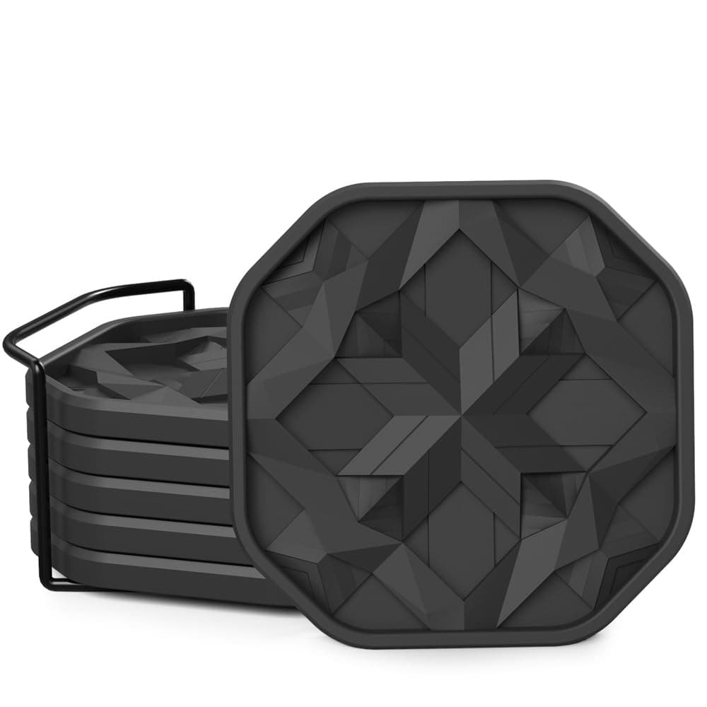 UMIRRO Silicone Cup Coasters for Drinks with Tailored Holder, Coffee Table Centerpiece, Modern Home Bar or Kitchen Essentials, Black House Décor Gifts, Set of 6, Young Night