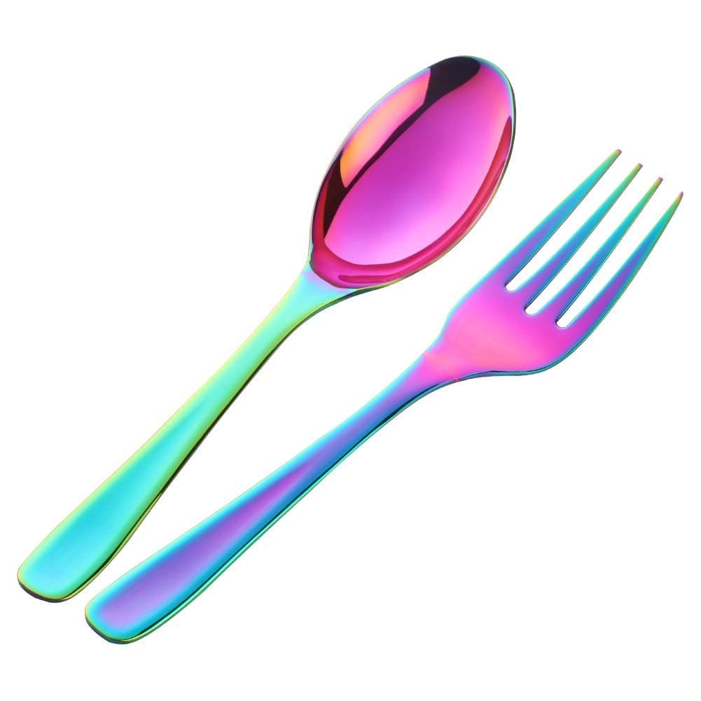 Salad Server Set, Baikai 2 Pieces Servers, Serving Spoons Forks, 10 inch Utensils Spoon (Rainbow, Salad Spoon & Fork)