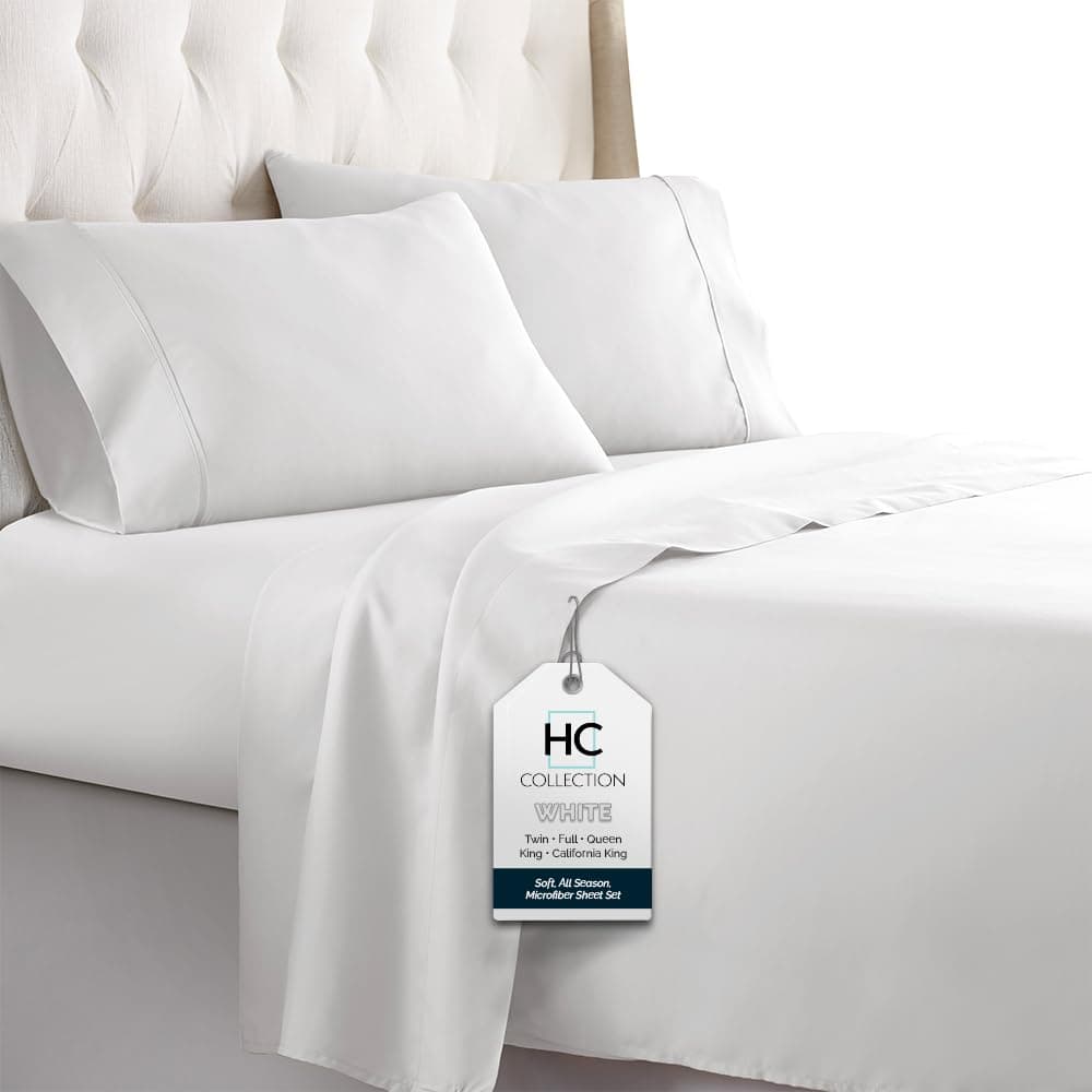 HC COLLECTION Bed Sheets Set King with 2 Pillowcases, Hotel Luxury Platinum 1800 Series Brushed Microfiber Sheet w/Deep Pocket, Ultra Soft Lightweight 4 Pcs Linen Bedding for Hot Sleepers, White
