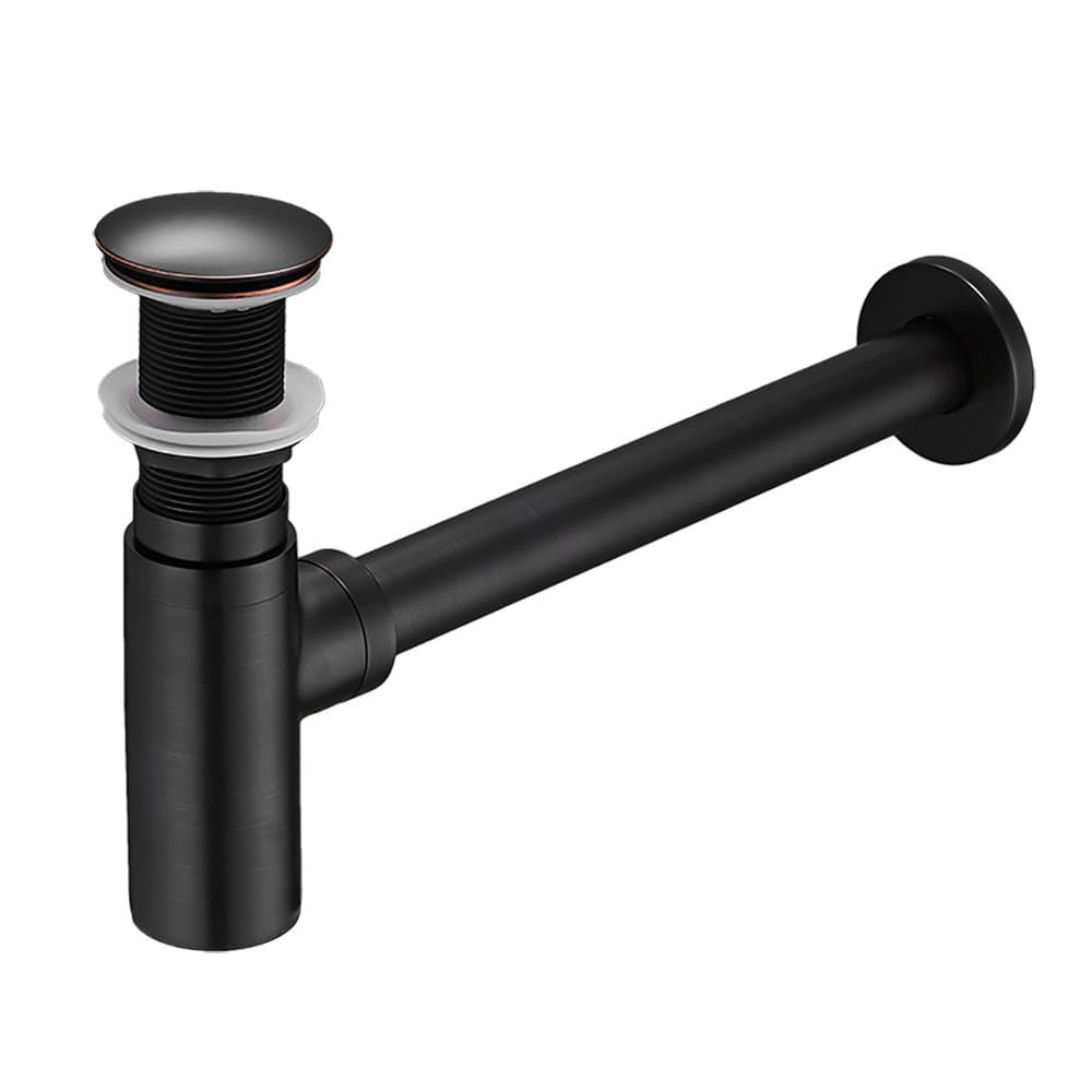OWOFAN Bathroom Sink Round Bottle Trap, Solid Brass Bottle Waste P-Trap Drain Kit Tube and Pop Up Drain Stopper without Overflow, Oil Rubbed Bronze Black