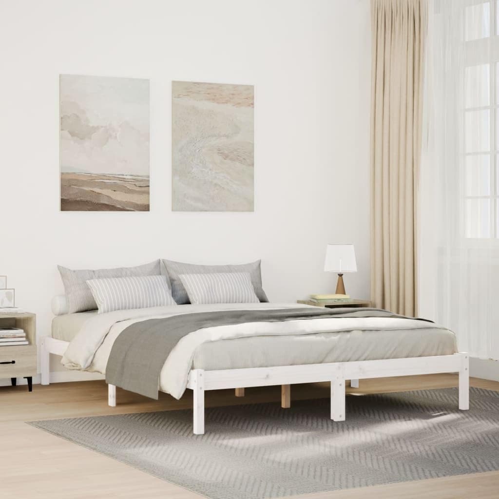 vidaXL Extra Long Bed Frame, Solid Pine Wood - White, 160x210 cm, Slats Included, for Bedroom