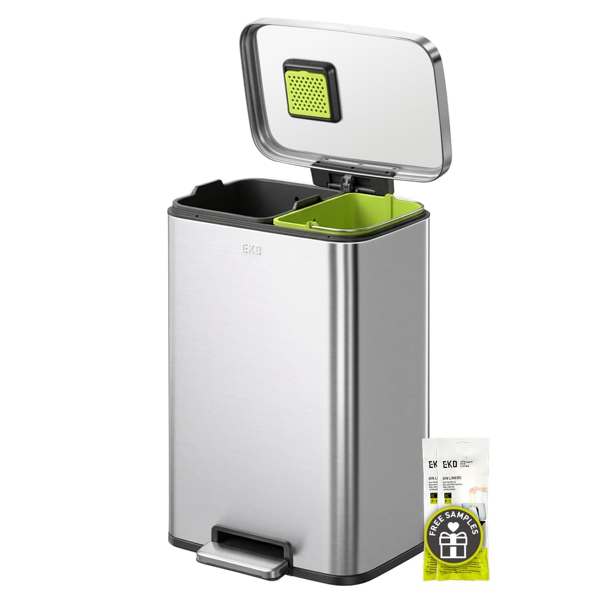EKO Madison Brushed Stainless 25L+20L Dual Compartment Step Trash Can with Inner Liner, Recycling Bin, Soft-Close Lid, Fingerprint-Resistant Finish, and Durable Stainless Steel for Home and Office
