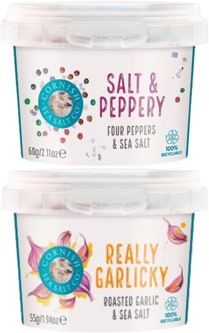 Cornish Sea Salt - Bundle - Celtic Sea Salt & Peppery and Really Garlicky - Michelin Starred Chef Approved - Herbs, Spices & Seasonings - Spices for Cooking, Kitchen Accessories - 60g and 55g