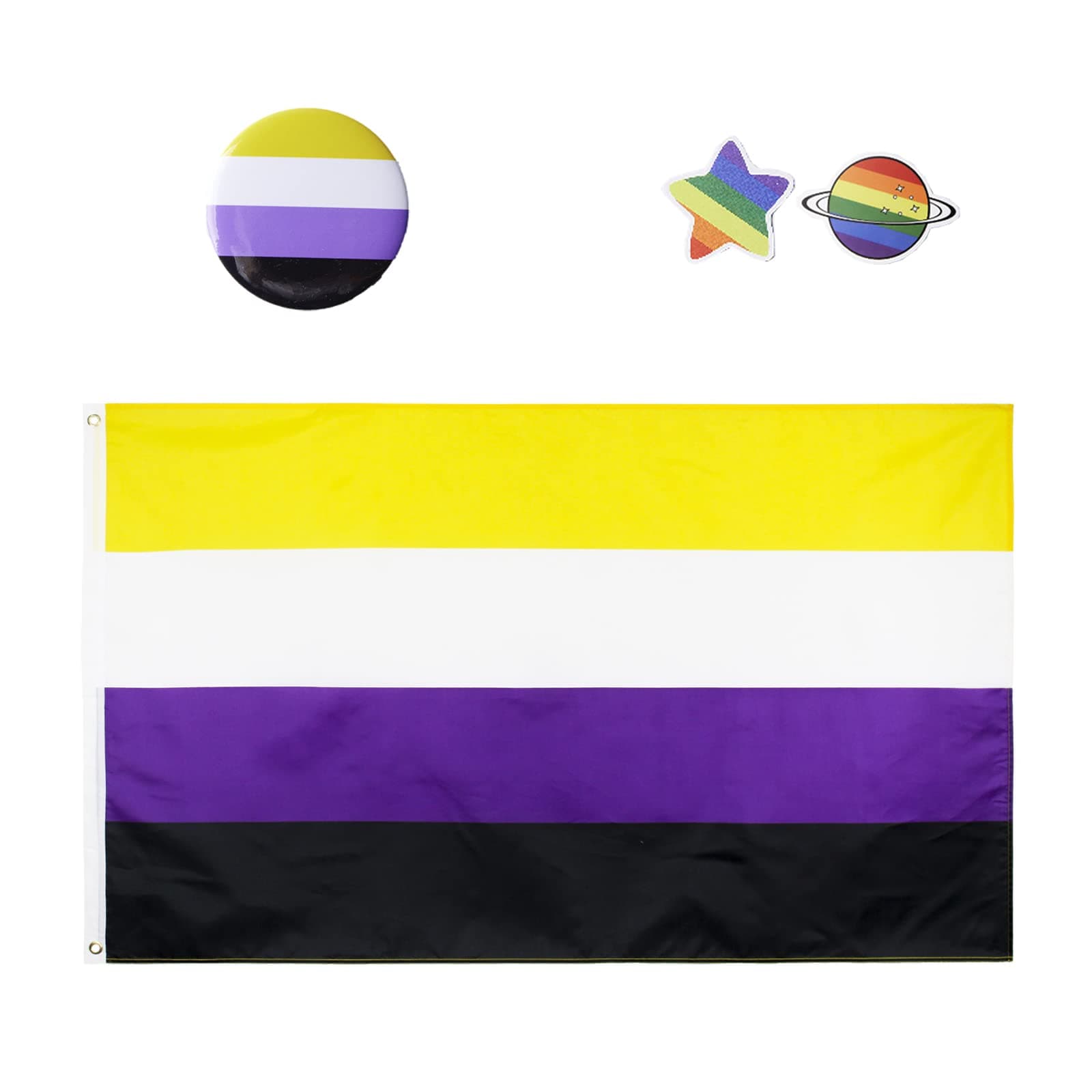 Non Binary Flag for Wall & Outdoor 3x5 Ft with Enby Flag Pin & 2pcs Free Random Rainbow Stickers-Gay Pride Stuff Lgbtq Gifts Accessories for Nonbinary/Pansexual/Trans Pride Day Month Parade