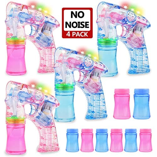 MAPIXO Light Up Bubble Gun 4 Pack with 8 Bubble Solution(No Noise), Prefect LED Bubble Blaster Shooter Blower Machine Set for Ideal Theme Party Favors, Outdoor Summer Game for Kid Child boy and Girl