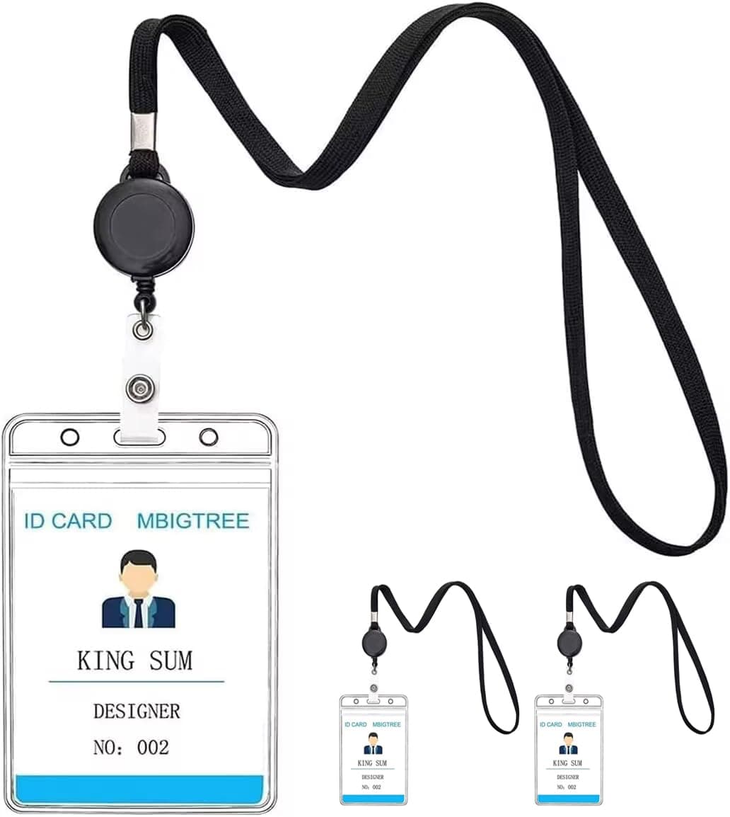 3 Pack Lanyard with ID Holder Sets - Flat ID Lanyard with Retractable Badge Reel & Heavy Duty Clear Vertical ID Card Name Badge Holder (Black,3 Pack)