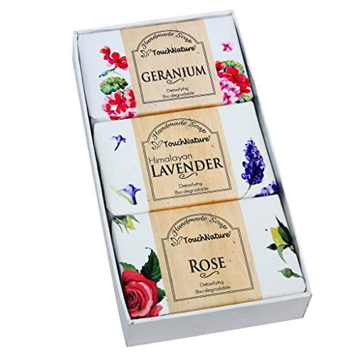 Touch Nature Flower Basket Handmade Cold Process Soap Gift Set.(Rose, Lavender, Geranium). 3pc 100g.
