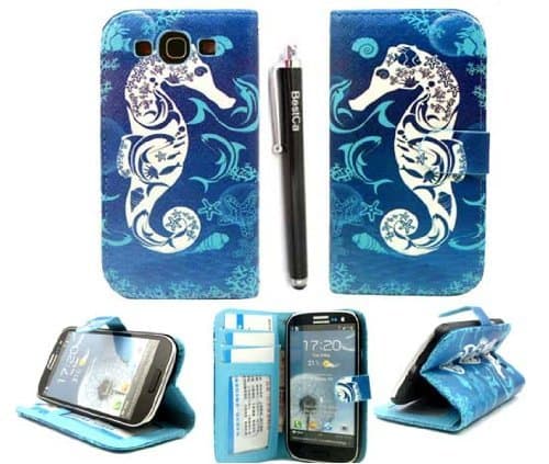 Bestca S3 Blue Hourse Design PU leather Wallet PU Leather Case Card Holder Flip Case Cover for Samsung i9300 Galaxy S3 III with Bestca Stylus Pen
