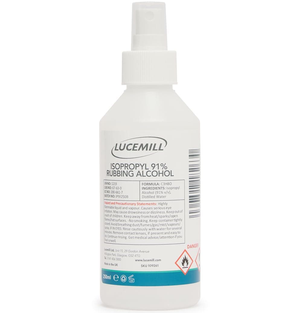Lucemill 91% Rubbing alcohol | 250ml | Super Strength IPA Surface Sanitiser | 91% Isopropyl Alcohol | Clear Liquid | Comes with Atomiser Spray