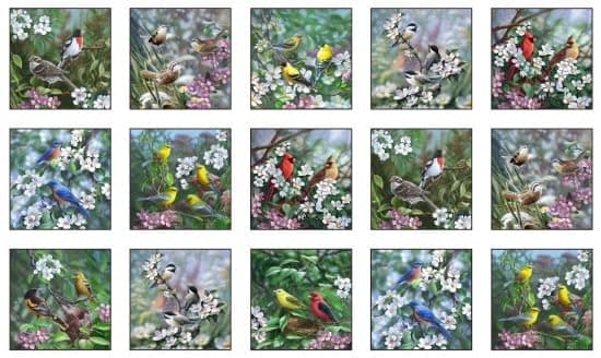 24"" X 44"" Panel Birds Bird-Watching Flowers Nature Springtime Tweethearts White Cotton Fabric Panel (40000WHITE)