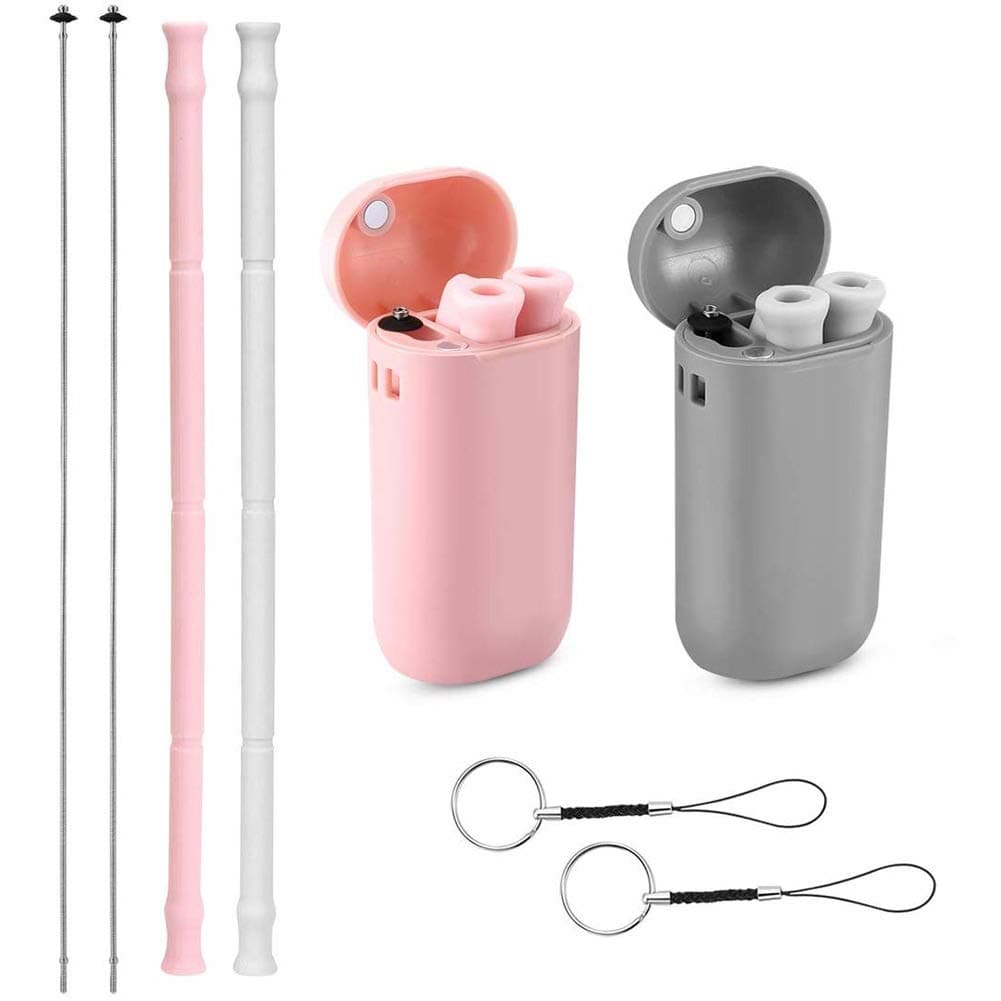 Yoocaa Reusable Silicone Collapsible Straws - 2 Pack Portable Drinking Straw with Carrying Case and Cleaning Brush, BPA Free-Pink Grey