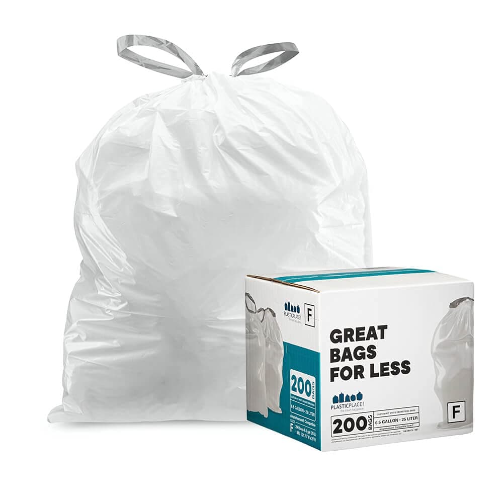 Custom Fit Trash Bags, Compatible with simplehuman Code F (200 Count) White Drawstring Garbage Liners 6.5 Gallon, 21.75" x 20"