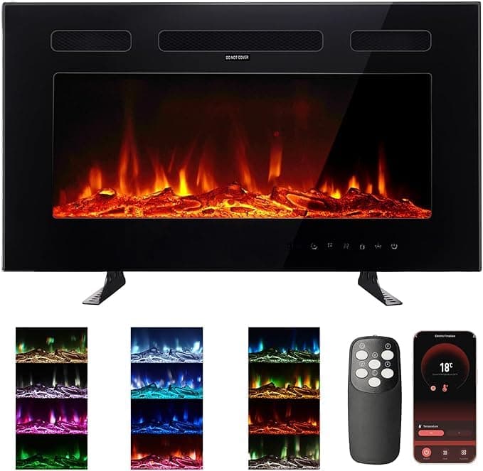 M.C.Haus Ultra-Thin Electric Fireplace Low Noise, 12 Variable & Breath Colors Flame, Recessed Wall Mounted Free Standing, Touch Screen & Remote Control, Crystal & Log Set(76cm/30inch)