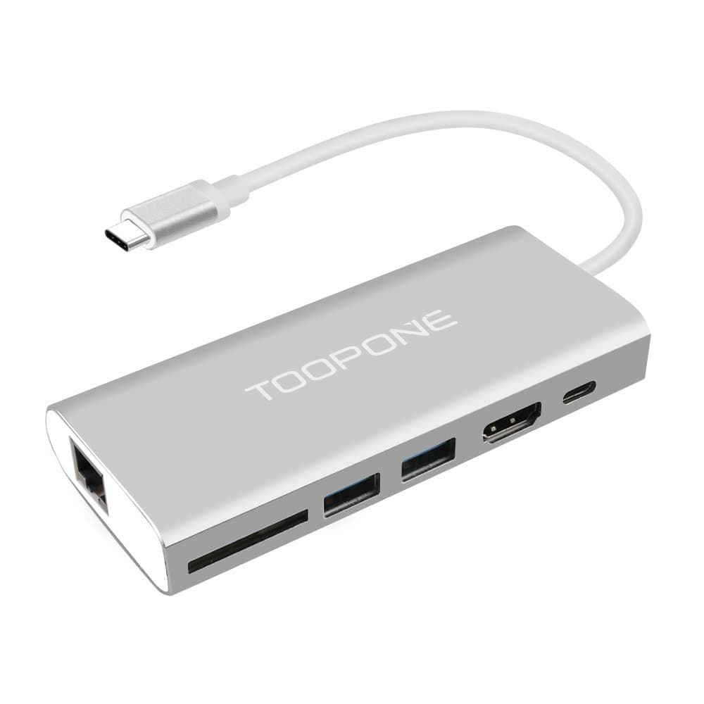USB C Hub, TOOPONE 6-in-1 Type C Hub with 4K HDMI Port, RJ45 Gigabit Ethernet Pot, USB C Charging Port, 2 USB 3.0 Ports and SD Card Reader for Mac Book Pro (Silver)