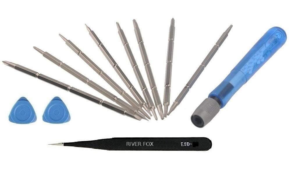 River Fox 12 in 1 Precision Screw Driver Kit for Smartphone, Mobile, Laptop, Tablet, Game Console, Household - Includes 8 Reversible Bits, Openers, Non-Magnetic Tweezer, Blue
