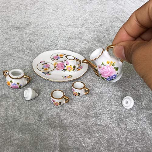 Miniature Tea Set 1/12 Scale Porcelain Tea Cup Tiny Teapot Platter Dishes Dollhouse Kitchen Accessories for House Decoration (Pink Rose-8Pcs)