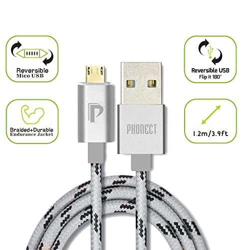 PHONECT High Speed 2.0A Double-Side Type-A USB to Double-Side Micro USB Data Sync & charging cable 3.9ft Nylon Braided and Aluminum Shell for Android Phones, Samsung, HTC,LG, Wacom and more