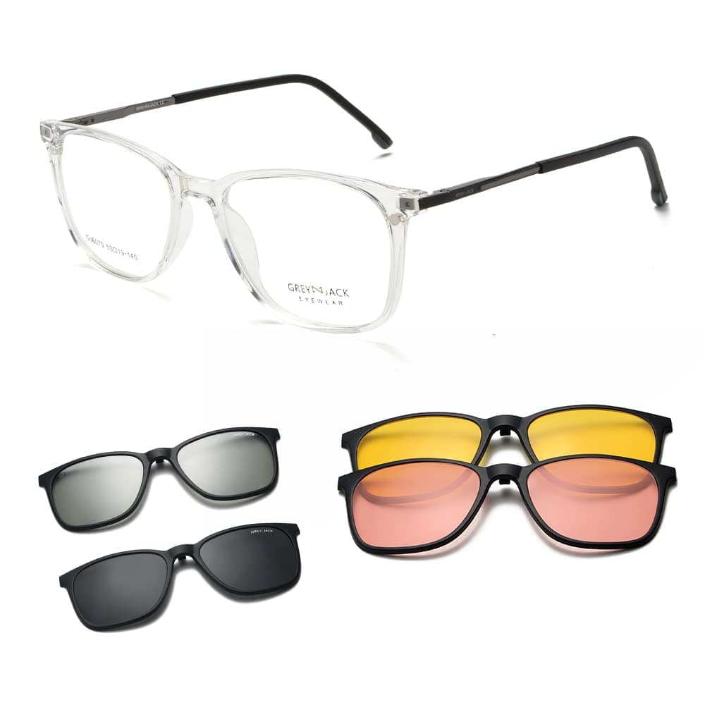 grey jack3D Polarized Clip On Sunglasses,Square TR90 Spectacle Frame with 4PCS Magnetic Lens for Myopia Men Women 6070, Transparent Frame Black Leg, M