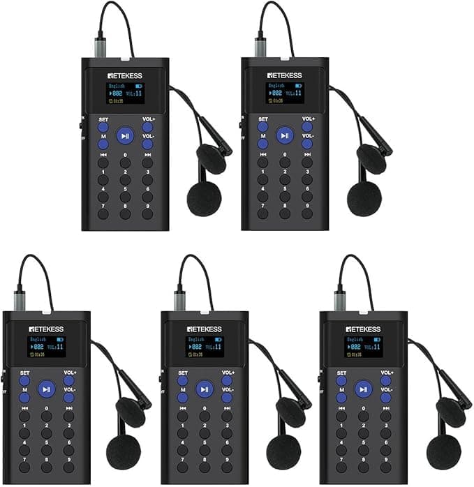 Retekess TT128B Wireless Automated Tour Guide System, Self-guided Audio Tour Guide Headsets, Supports 41 Languages, 40h Battery Life, Walking Tour Headsets for Museum, Scenic Spots (5 Packs)