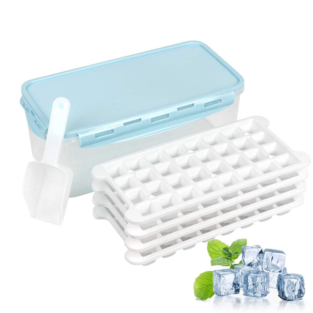 Ice Cube Trays, 3.3 L ice box with Spill-Resistant Removable Lid + 4 Ice Trays+ Ice Scraper, 128 PCS, LFGB Certified & BPA Free,Easy-Release Silicone and Flexible Stackable