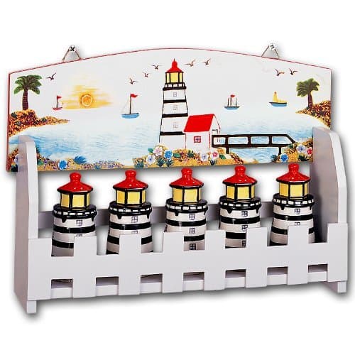 Ceramic Light House Wood Spice Rack & 5 Jars Set