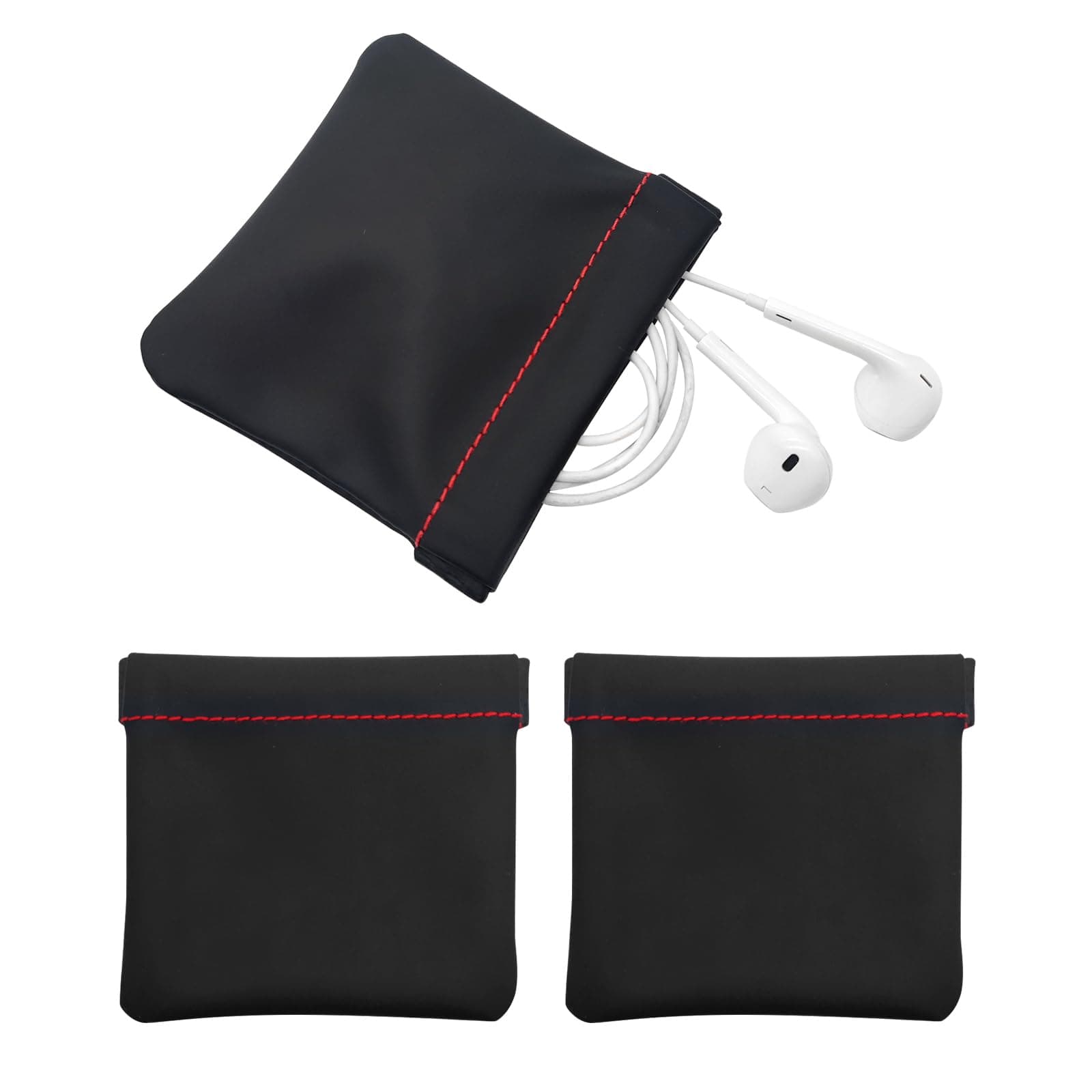 Quacc 3pcs Earphone Pouch PU Leather Headphone Storage Bag Universal Spring Bag Closure Soft Elastic Snap Spring Pouch for Storing Earphones, Coins, Keys, USB Flash Drives, Jewellery