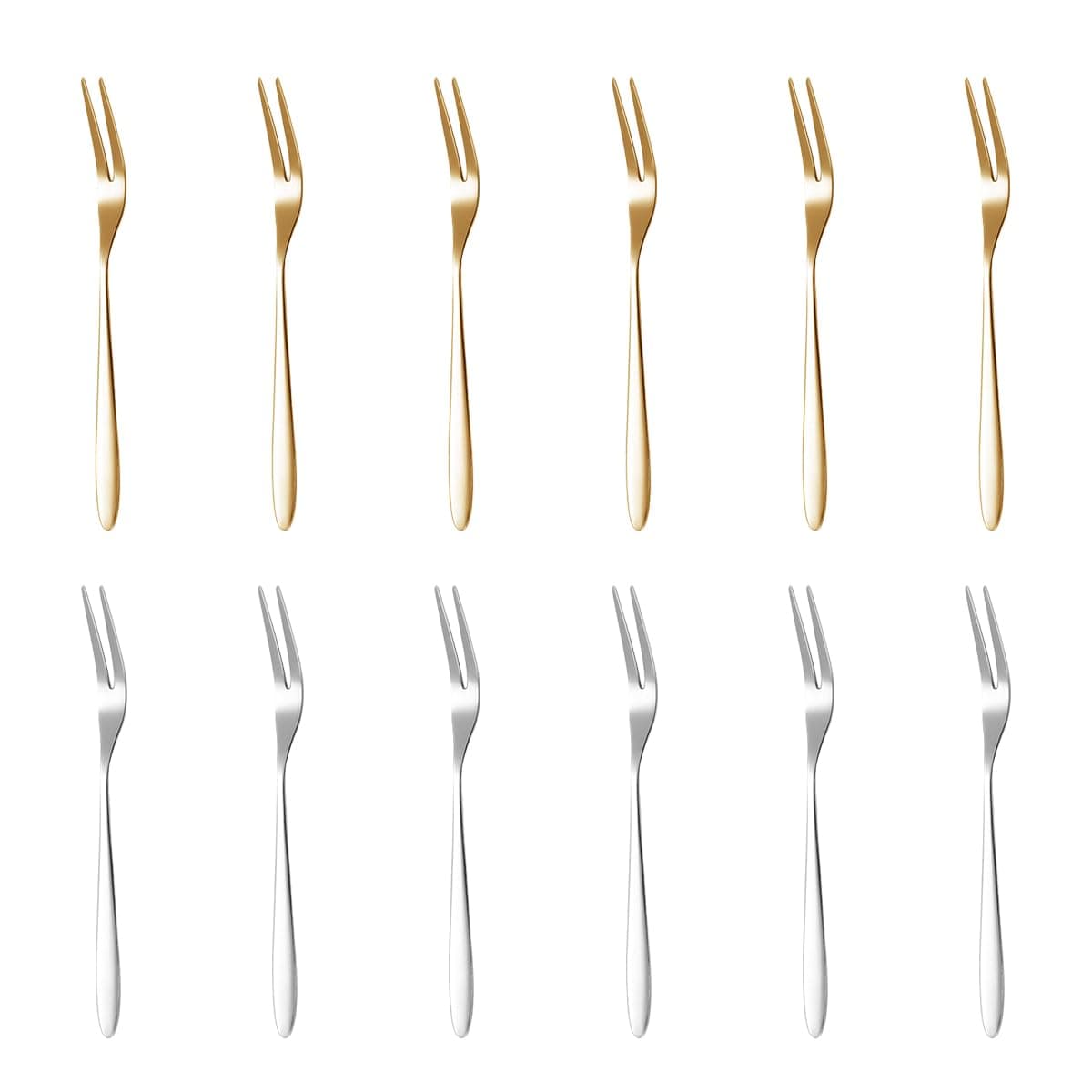 Supvox® 12Pcs Fruit Fork Set - Stainless Steel Fruit Fork, Reusable Small Food-Grade Pastry Forks for Parties, Weddings & Home Use (Golden & Silver 5.1" )