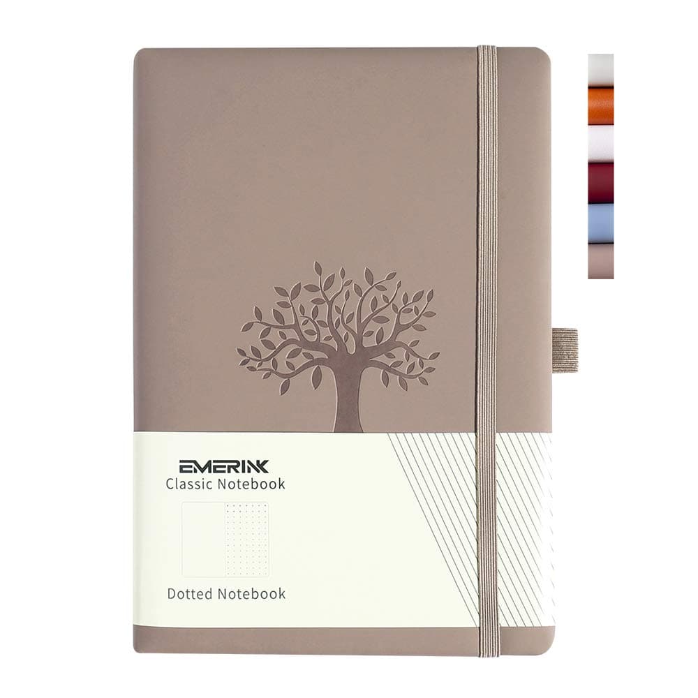 EMERINK Leather A5 Notebook Journal , Bullet Dotted Journal, Tree of Life, Pocket, Elastic Closure, Pen Holder, Bookmark, High-quality Paper - 100gsm (Light Brown Tree of Life)