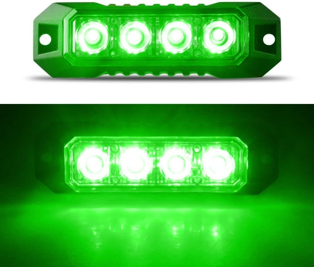 4-LED Sync Feature Ultra Slim Surface Mount Flashing Strobe Lights for Truck Car Vehicle LED Mini Grille Light Head Emergency Beacon Hazard Warning Lights (Green)