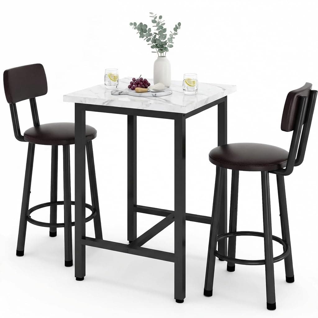 DKLGG Dining Table Set for 2, 24" Square Kitchen Table and Chairs Set with MDF Tabletop & 2 PU Leather Chairs, Bar Pub Dining Set for Small Space Bar Kitchen Living Room Apartment, White