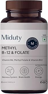 Miduty Vitamin B12 Folate – Active Methylcobalamin - Bioactive B-Complex with B6, B9, B12 – Triple Power Punch Formula for Energy, Mood, Brain & Nerve Support – Fast Absorbing Chewable – 100 Veg Tablets
