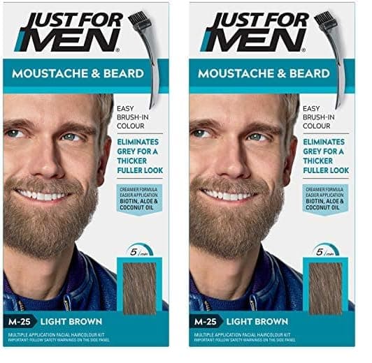 Just For Men Moustache & Beard Light Brown Dye, Eliminates Grey For a Thicker & Fuller Look With An Applicator Brush Included – M25 (Pack of 2)