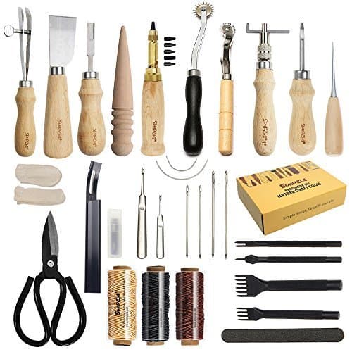 SIMPZIA Leather Working Tools 128 Pieces Leather Hand Sewing Tools Kit with Prong Punch Edger Creaser Groover Awl for Sewing Leather, Canvas, DIY Leathercraft Tool, Be Careful of Its Sharp Edge